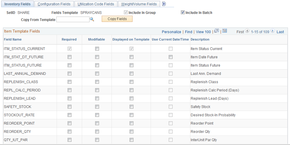 Inventory Fields page within the Business Unit Item Field Group