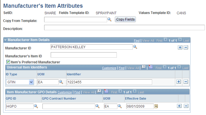 Manufacturer's Item Attributes page