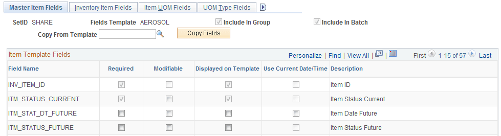 Master Item Fields page in Add Mode (partial page)