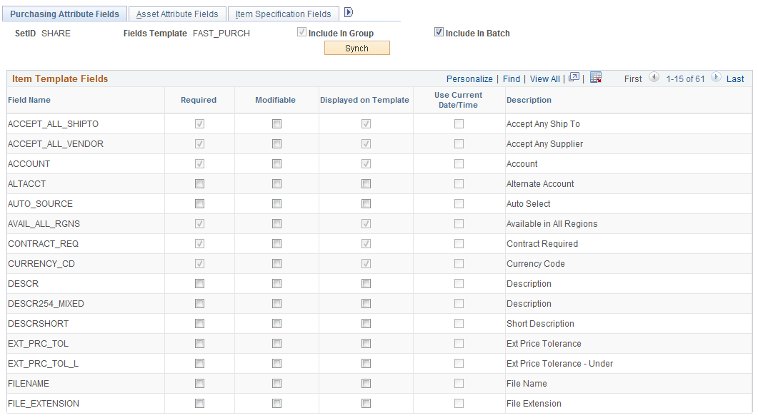 Purchasing Attribute Fields page