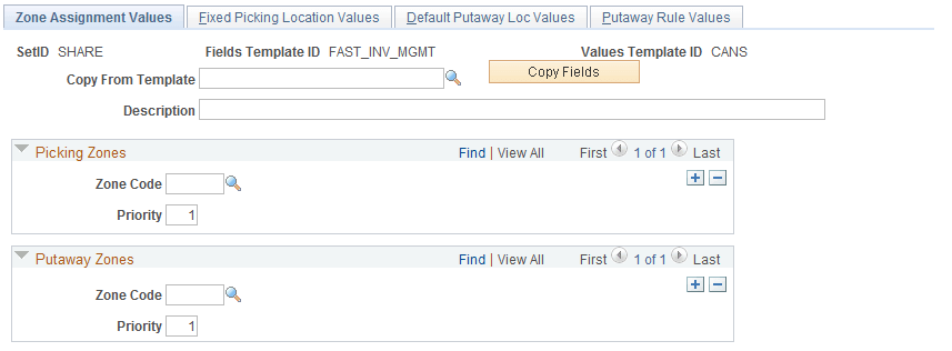 The Zone Assignment Values page within the Inventory Management Value Group