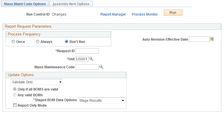 Mass Maint Code Options page