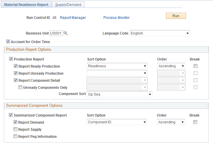 Material Readiness Report run control page (1 of 2)