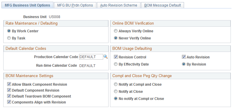 MFG Business Unit Options page