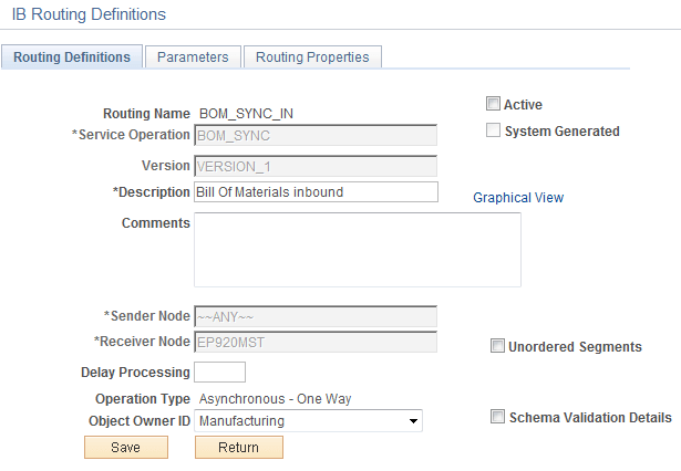 Routing Definitions page