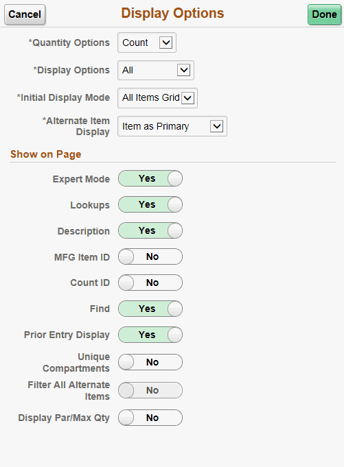 Display Options - Mobile Inventory - Fluid page