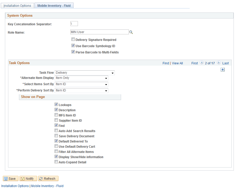 Installation Options - Mobile Inventory: Delivery task flow page