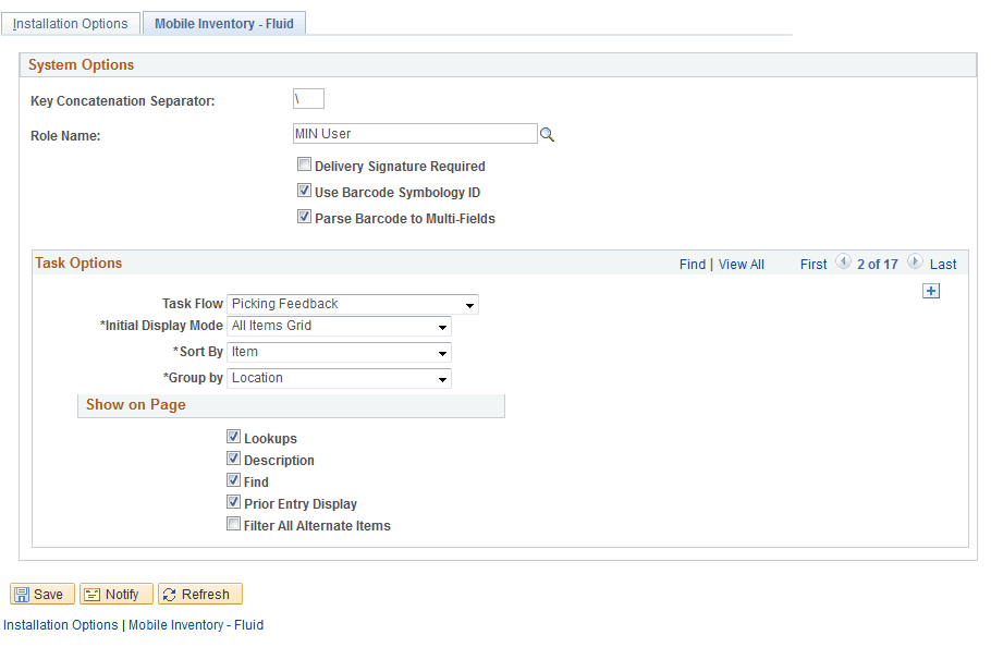 Installation Options - Mobile Inventory: Picking Feedback page