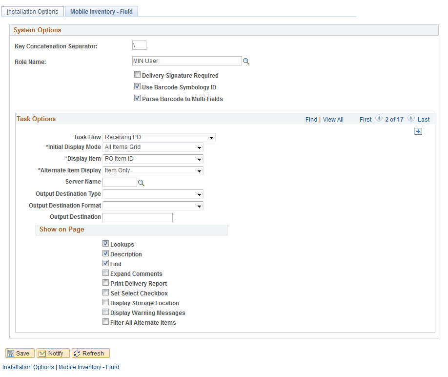 Installation Options - Mobile Inventory Receiving PO task flow page