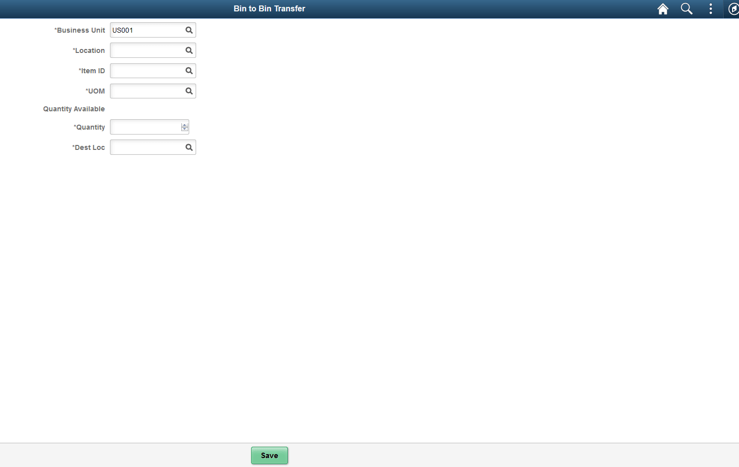 The main transaction page for the Bin to Bin Transfer task flow.