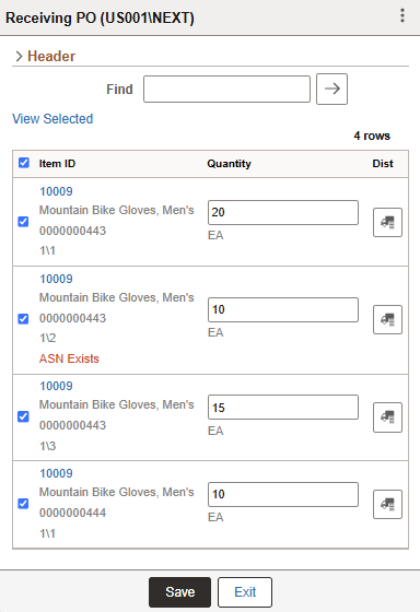 Receiving PO - Fluid Receipt Main page