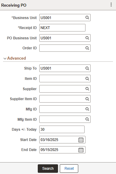 Receiving PO - Fluid Search page