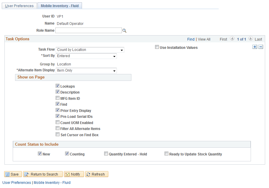 User Preferences - Mobile Inventory: Count by Location page