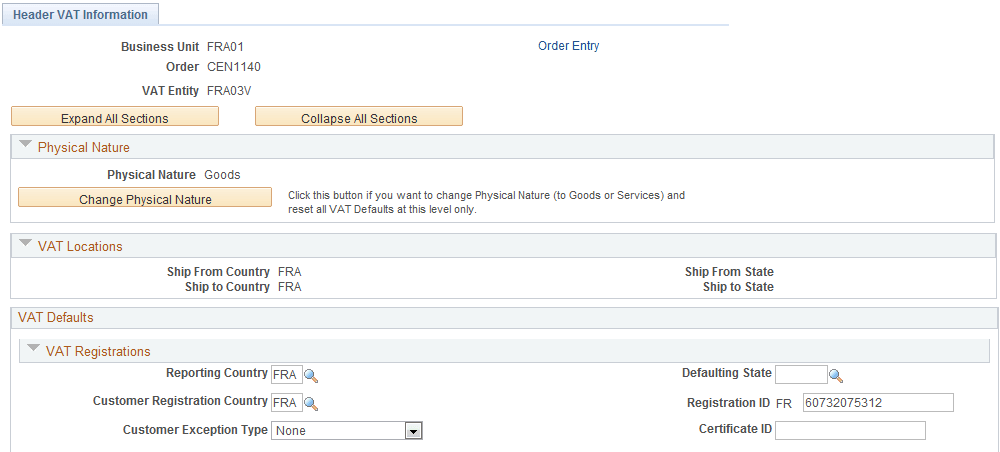 Header VAT Information page (1 of 2)