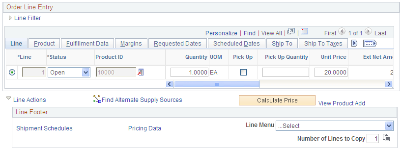 Order Entry Form - Line page