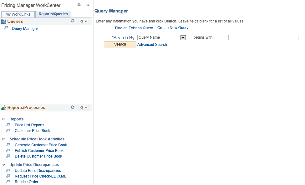 Pricing Manager WorkCenter - Queries pagelet