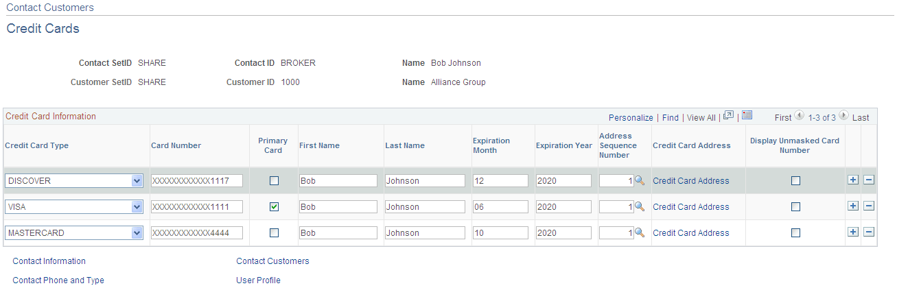 Contact Customers - Credit Cards page