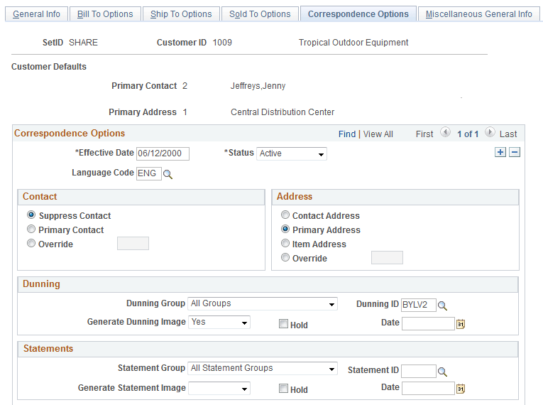 General Information - Correspondence Options page (1 of 2)