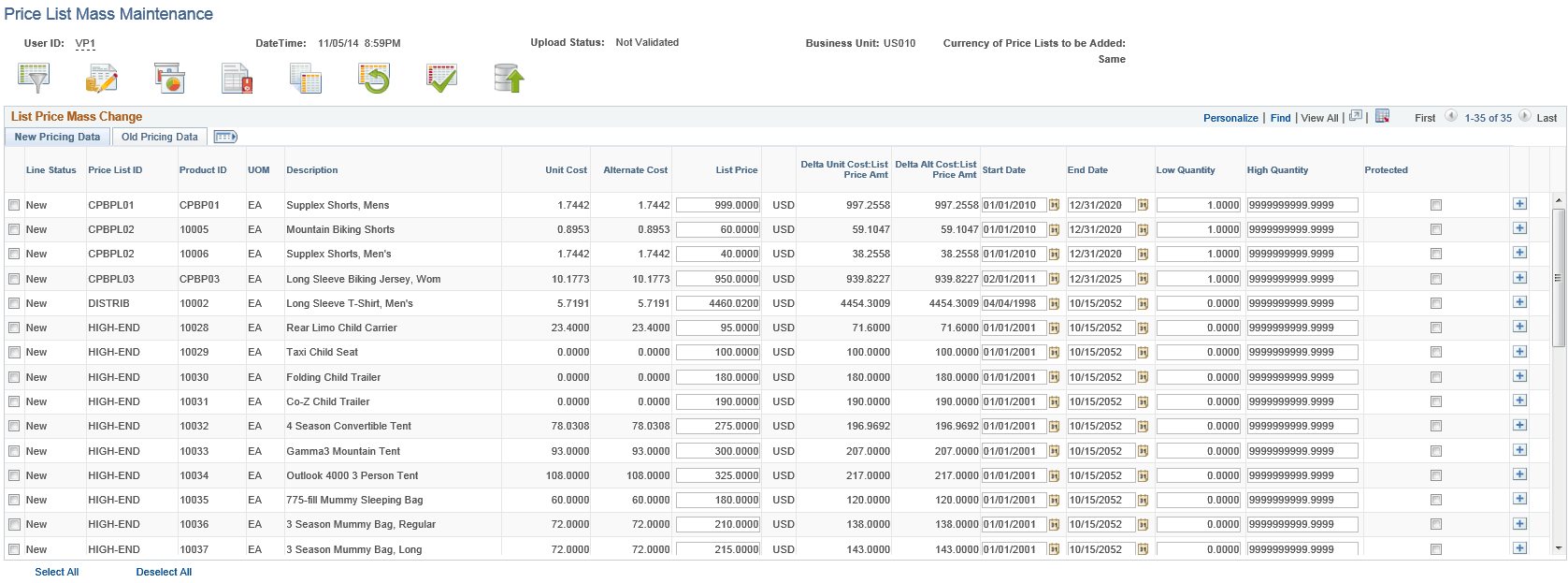 Price List Mass Maintenance page