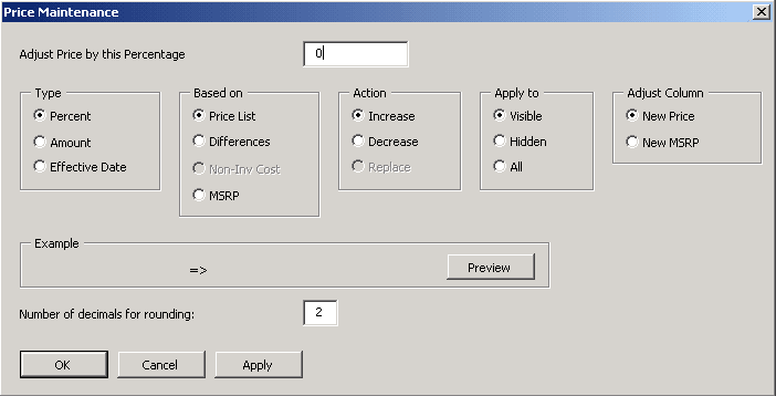 Price Maintenance dialog box