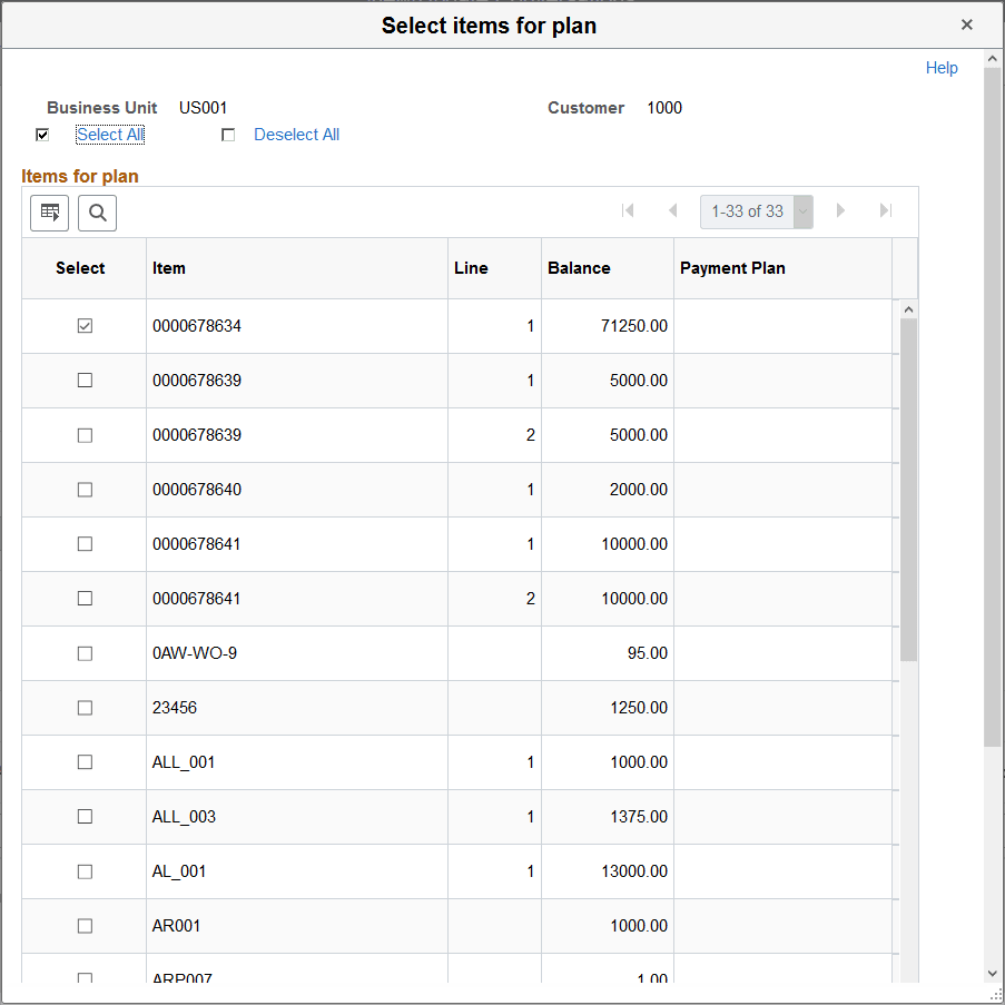 Select Items for Plan page