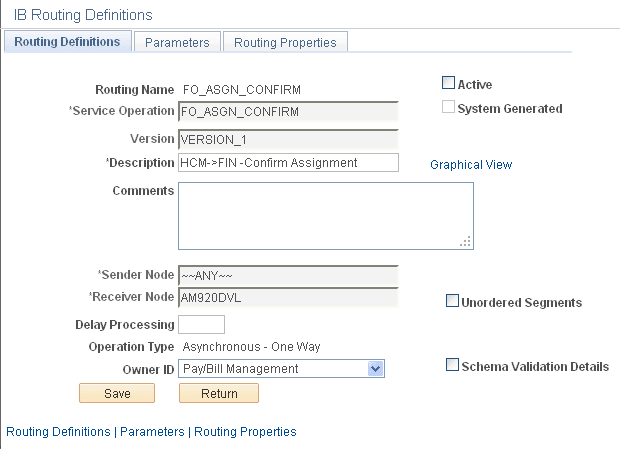 Service Operations page - IB Routings Definitions tab