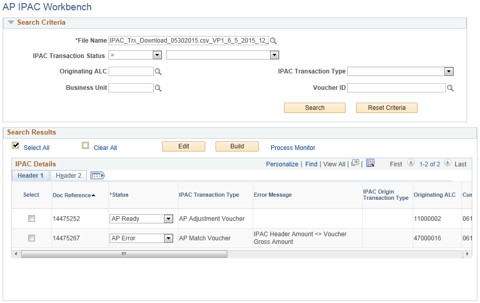 AP IPAC Workbench page (1 of 3)