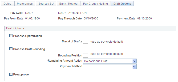 Draft Options page