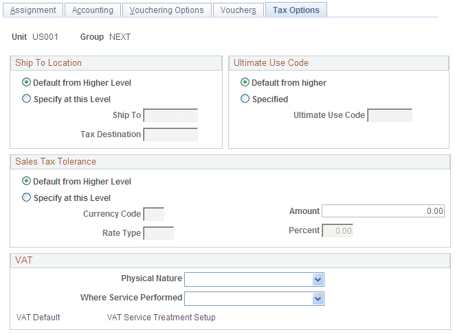 Group Information - Tax Options page