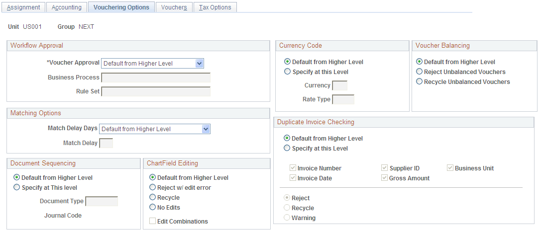 Group Information - Vouchering Options page