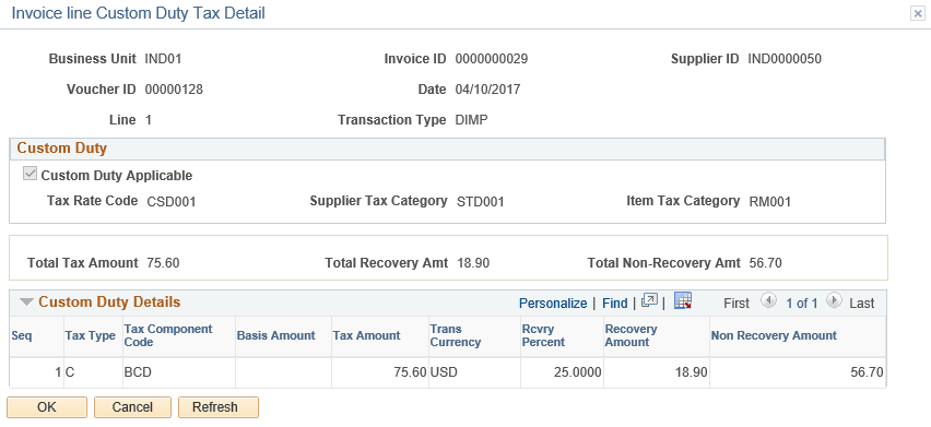 Invoice Line Custom Duty Tax Detail page for a third party Voucher