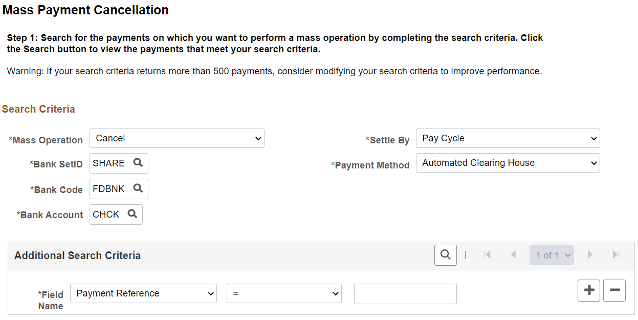 Mass Payment Cancellation page Step 1