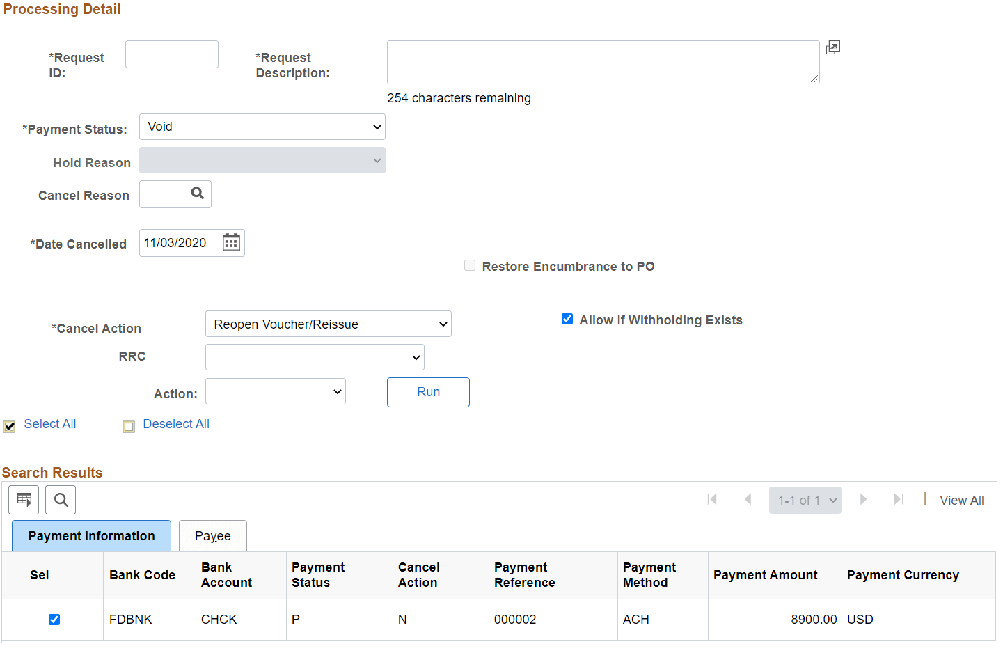 Mass Payment Cancellation page Step 2
