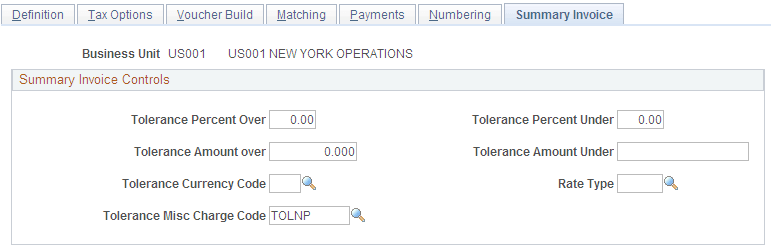 Payables Definition - Summary Invoice page