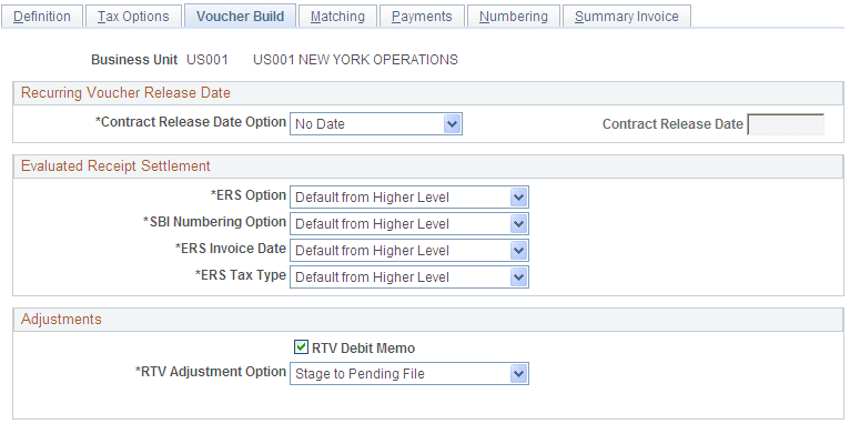 Payables Definition - Voucher Build page