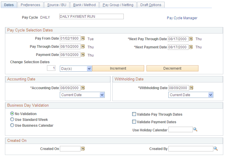 Payment Selection Criteria - Dates page