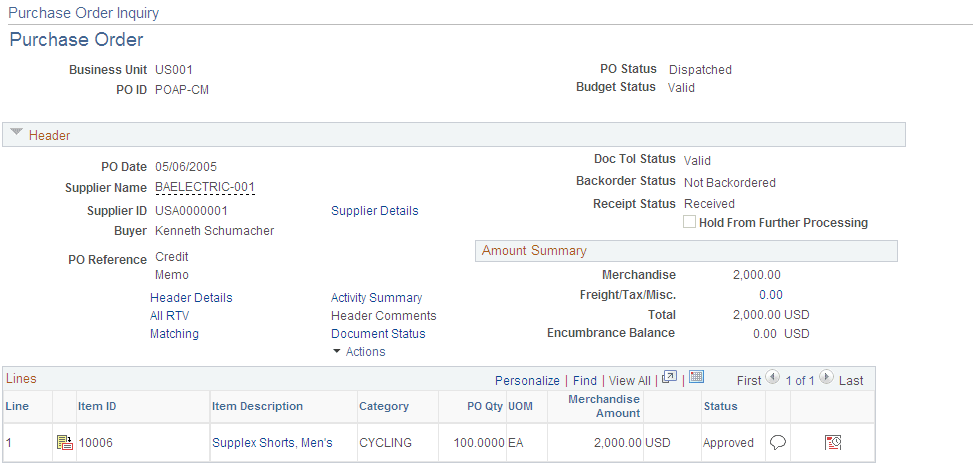 Purchase Order Inquiry- Purchase Order page