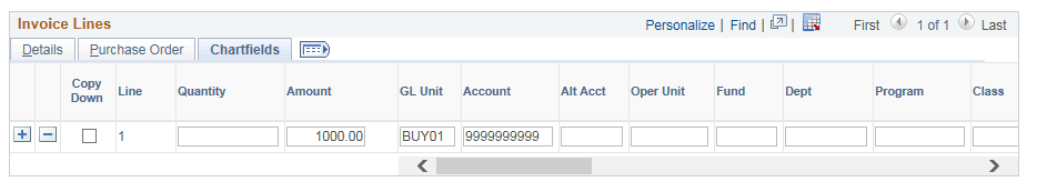 Quick Invoice page - Chartfields tab
