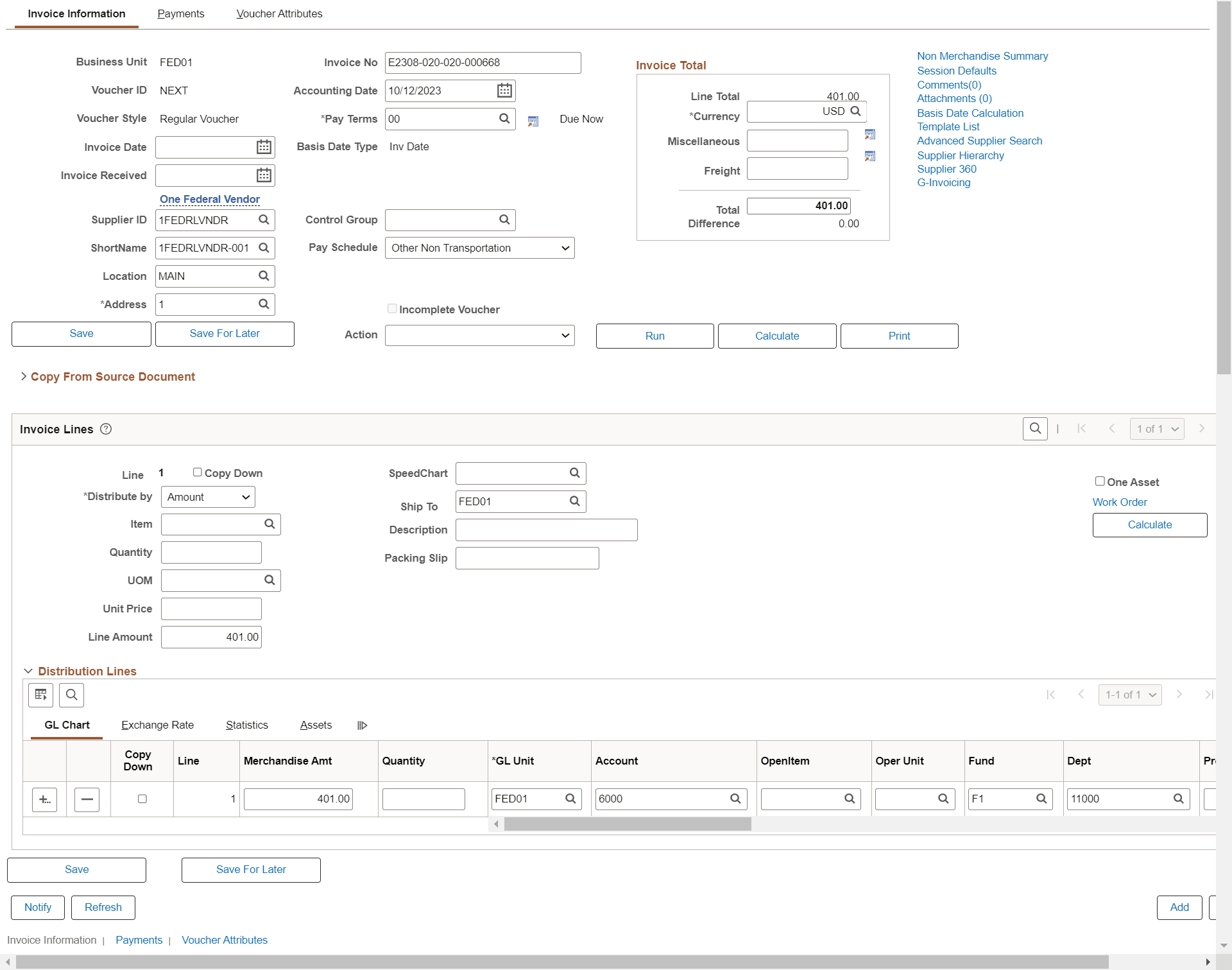 Regular Vouchers Invoice Information