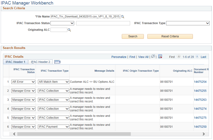 Search Results on the IPAC Manager Workbench page
