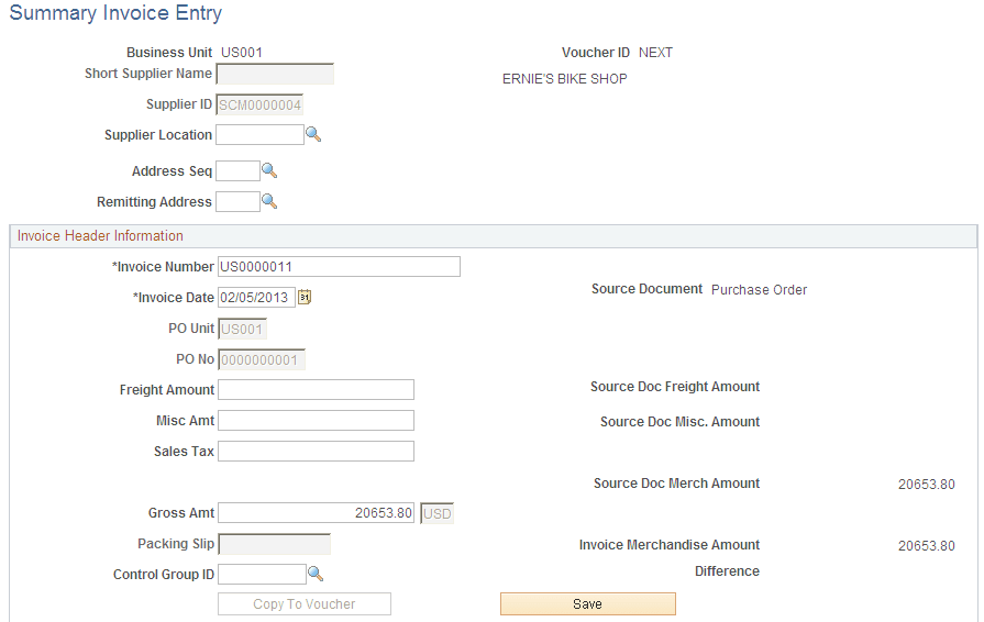 Summary Invoice Entry page