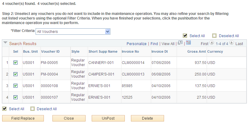 Voucher Mass Maintenance page: search results (2 of 2)