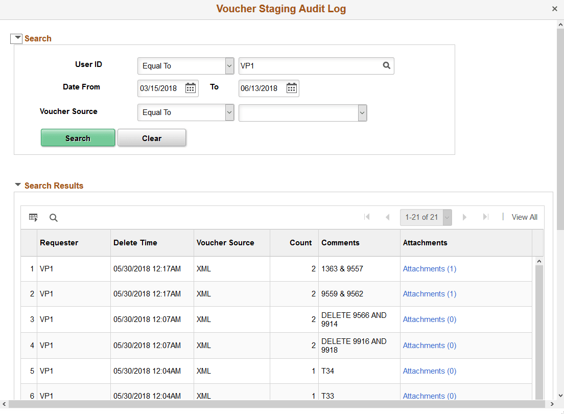 Voucher Staging Audit Log Page