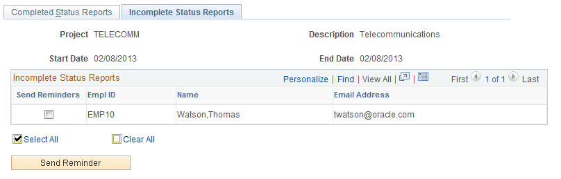 Incomplete Status Reports page