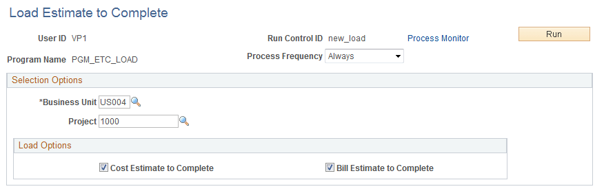 Load Estimate to Complete page