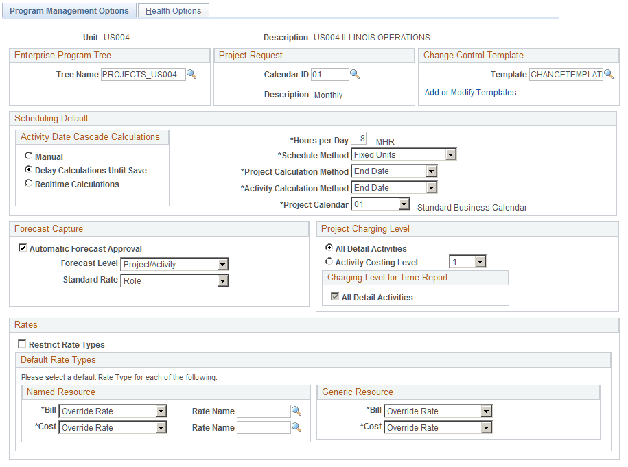 Program Management Options page