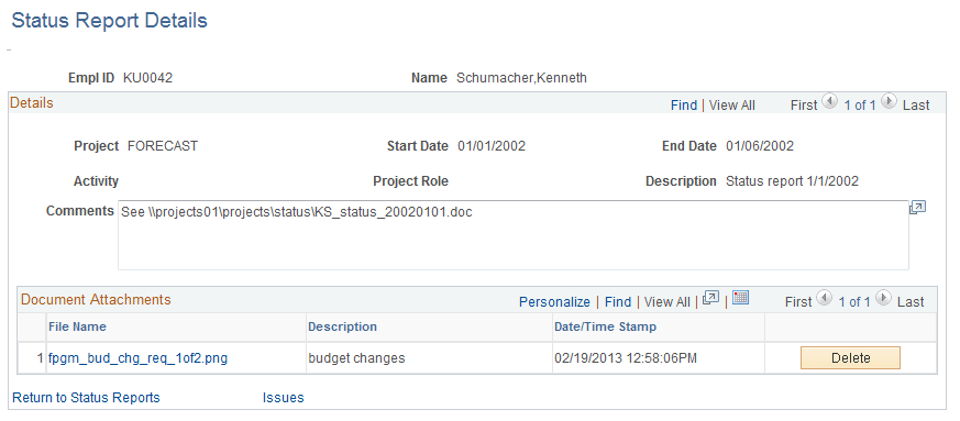 Status Report Details page