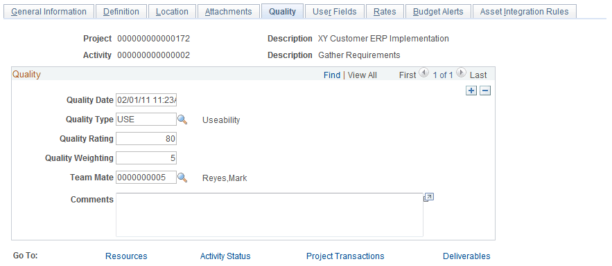 Activity Definitions - Quality page