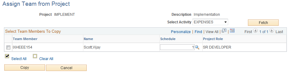 Assign Team from Project page (Copy from Activity button)