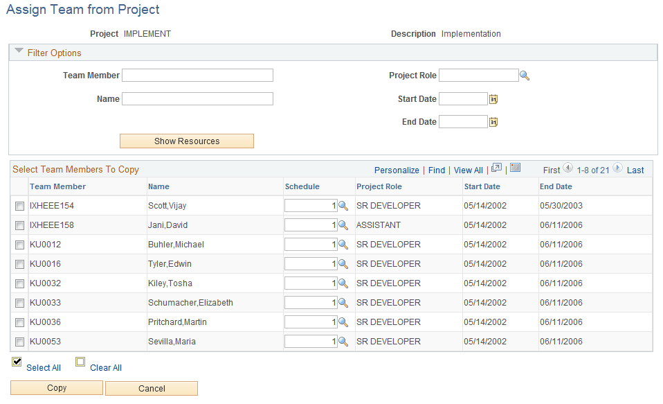 Assign Team from Project page (Copy from Project button)